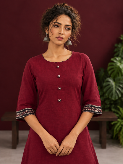 Timeless Maroon Ajrakh Cotton Co-Ord Set with Contrast Printed Border Tunic & Matching Geometric Pattern Fars — fabric detail