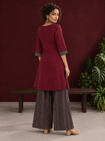 Timeless Maroon Ajrakh Cotton Co-Ord Set with Contrast Printed Border Tunic & Matching Geometric Pattern Farshi S — back view