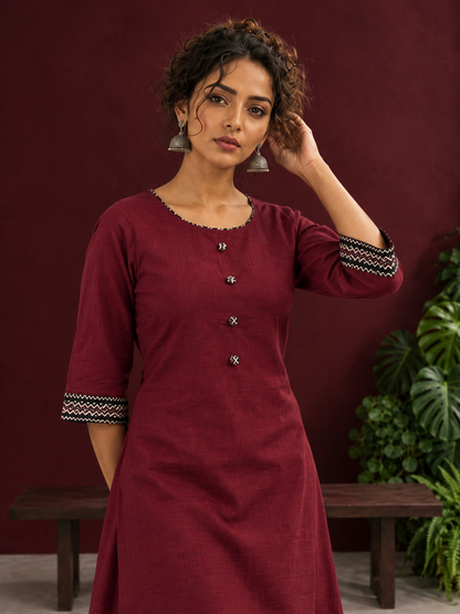 Timeless Maroon Ajrakh Cotton Co-Ord Set with Contrast Printed Border Tunic & Matching Geometric Pattern Farshi — styled view