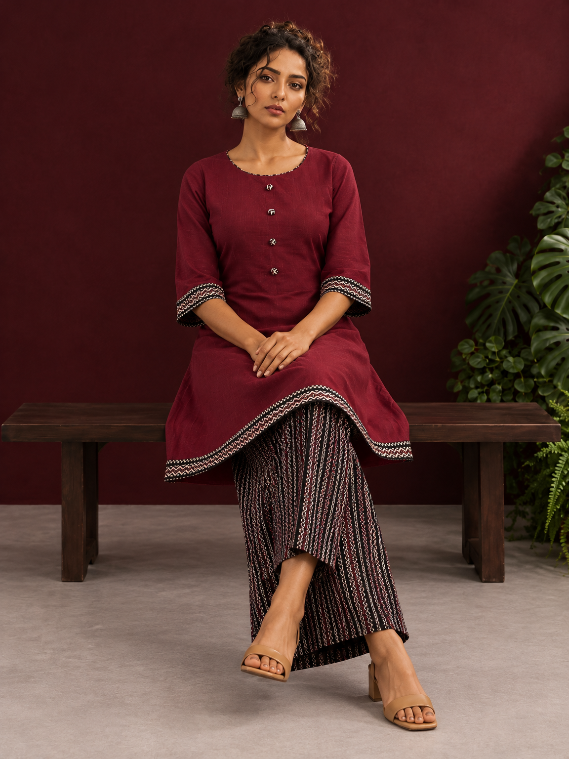 Timeless Maroon Ajrakh Cotton Co-Ord Set with Contrast Printed Border Tunic & Matching Geometric Pattern Farshi Salw — seated