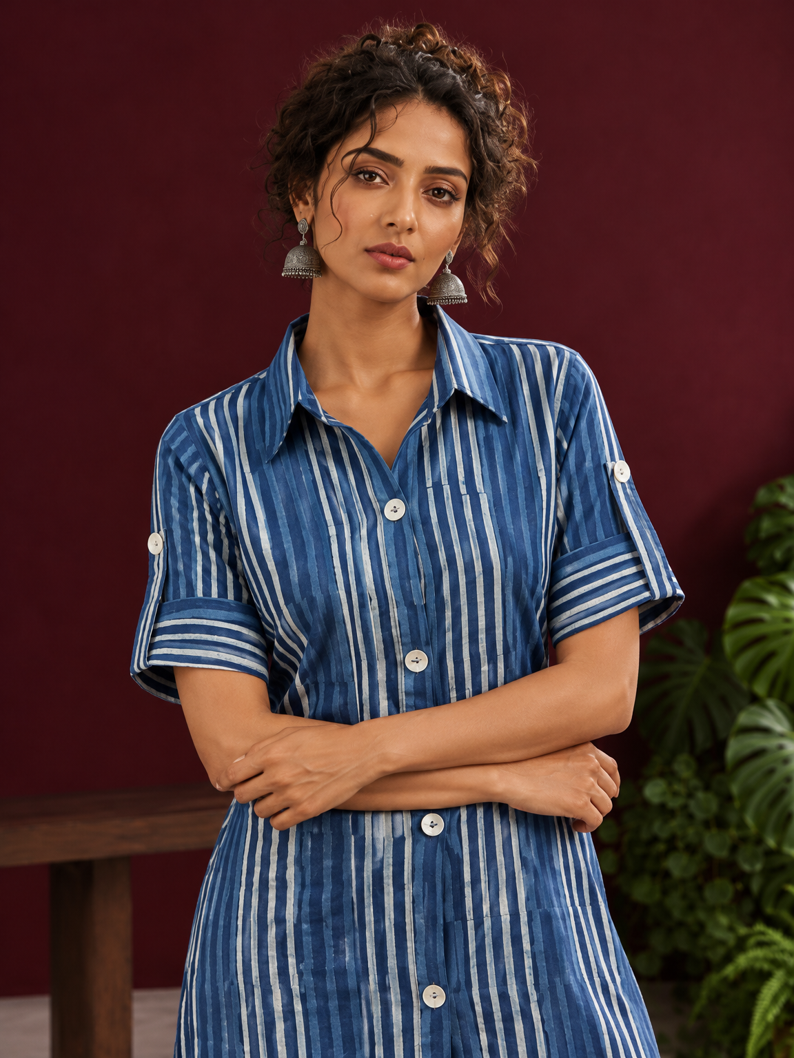 Indigo Blue Striped Cotton Shirt Tunic Co-ord Set with Navy Blue Straight Cotton Pant — styled view — view 4