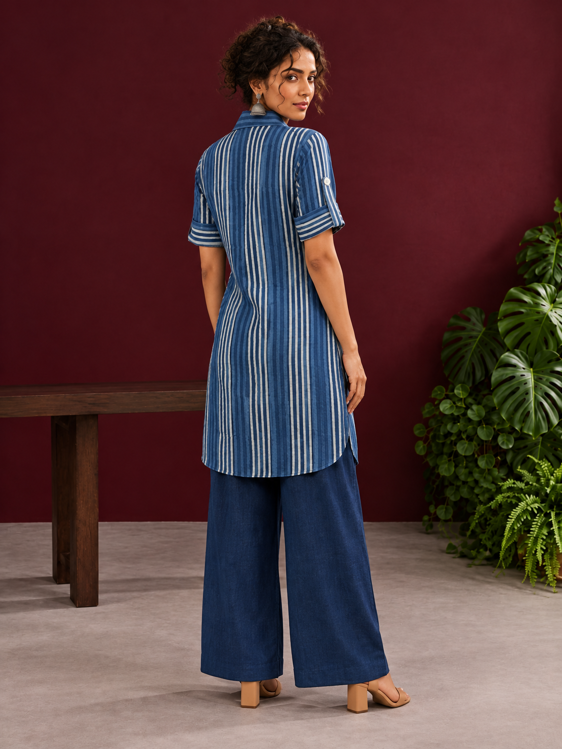 Indigo Blue Striped Cotton Shirt Tunic Co-ord Set with Navy Blue Straight Cotton Pant — back view — view 6