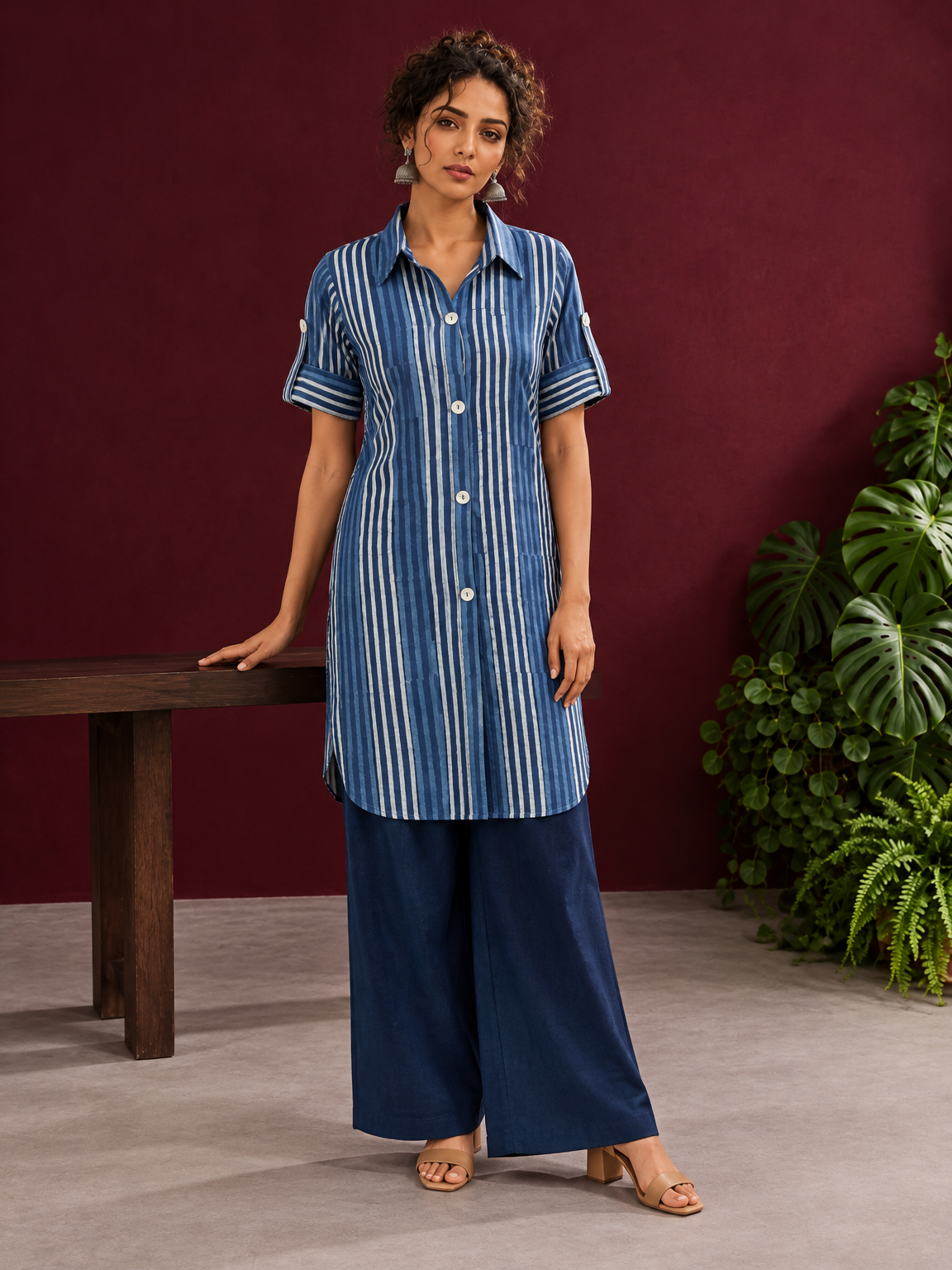 Indigo Blue Striped Cotton Shirt Tunic Co-ord Set with Navy Blue Straight Cotton Pant