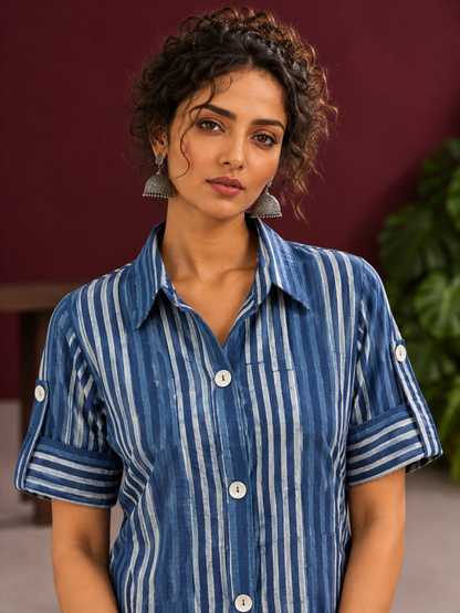 Indigo Blue Striped Cotton Shirt Tunic Co-ord Set with Navy Blue Straight Cotton Pant — fabric detail