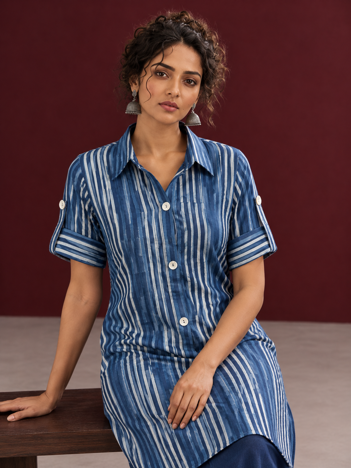 Indigo Blue Striped Cotton Shirt Tunic Co-ord Set with Navy Blue Straight Cotton Pant — seated detail — view 5
