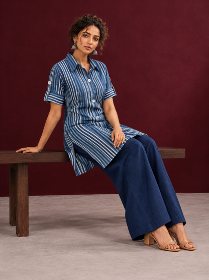 Indigo Blue Striped Cotton Shirt Tunic Co-ord Set with Navy Blue Straight Cotton Pant — seated