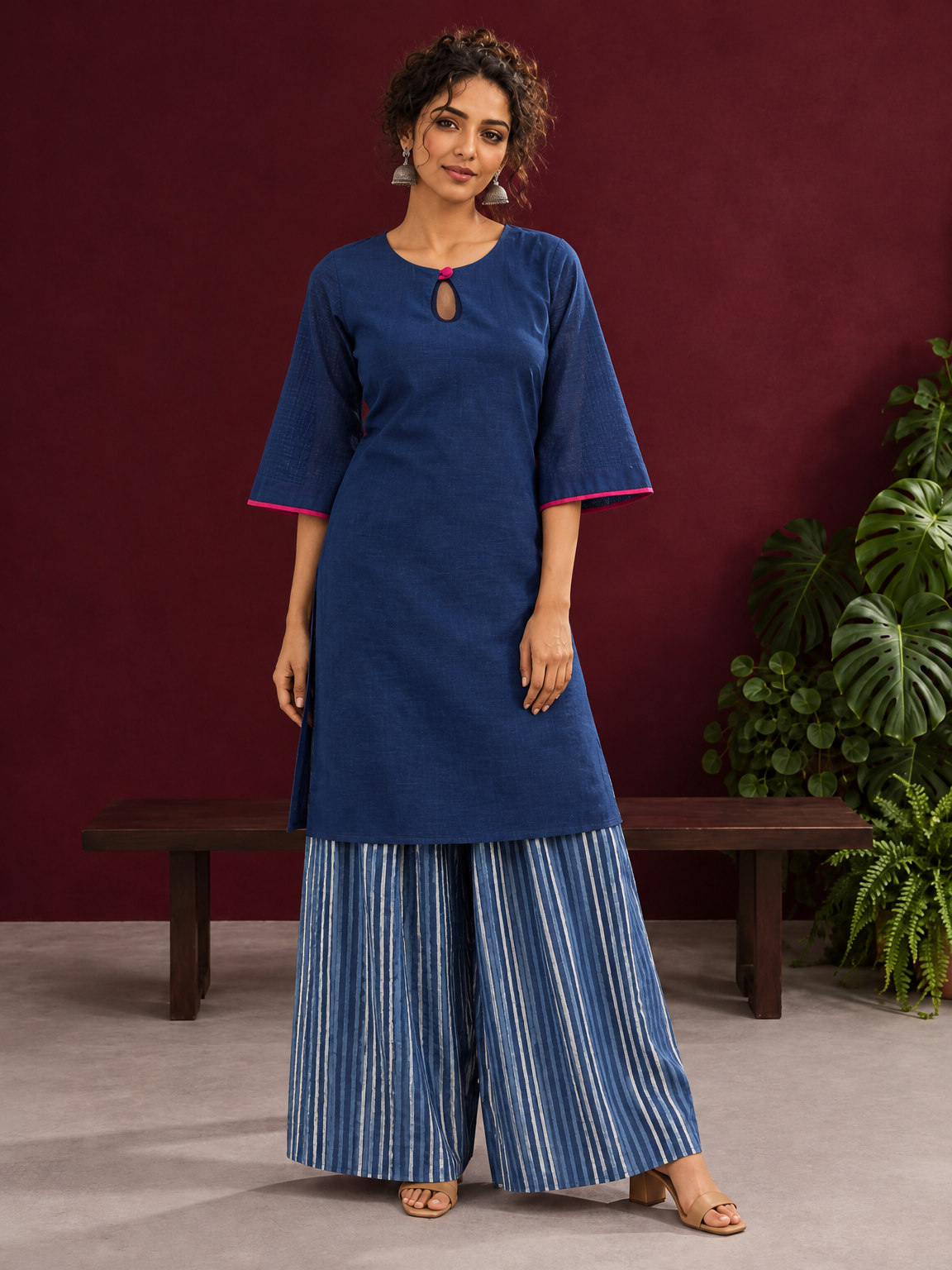 Navy Blue Cotton Keyhole Neckline Tunic Co-ord Set with Indigo Striped Palazzo — front view — view 2