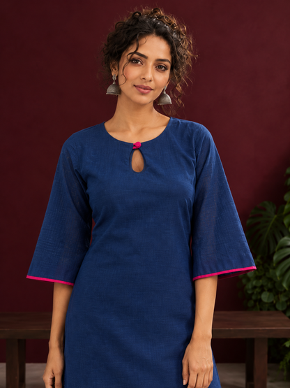 Navy Blue Cotton Keyhole Neckline Tunic Co-ord Set with Indigo Striped Palazzo — styled view