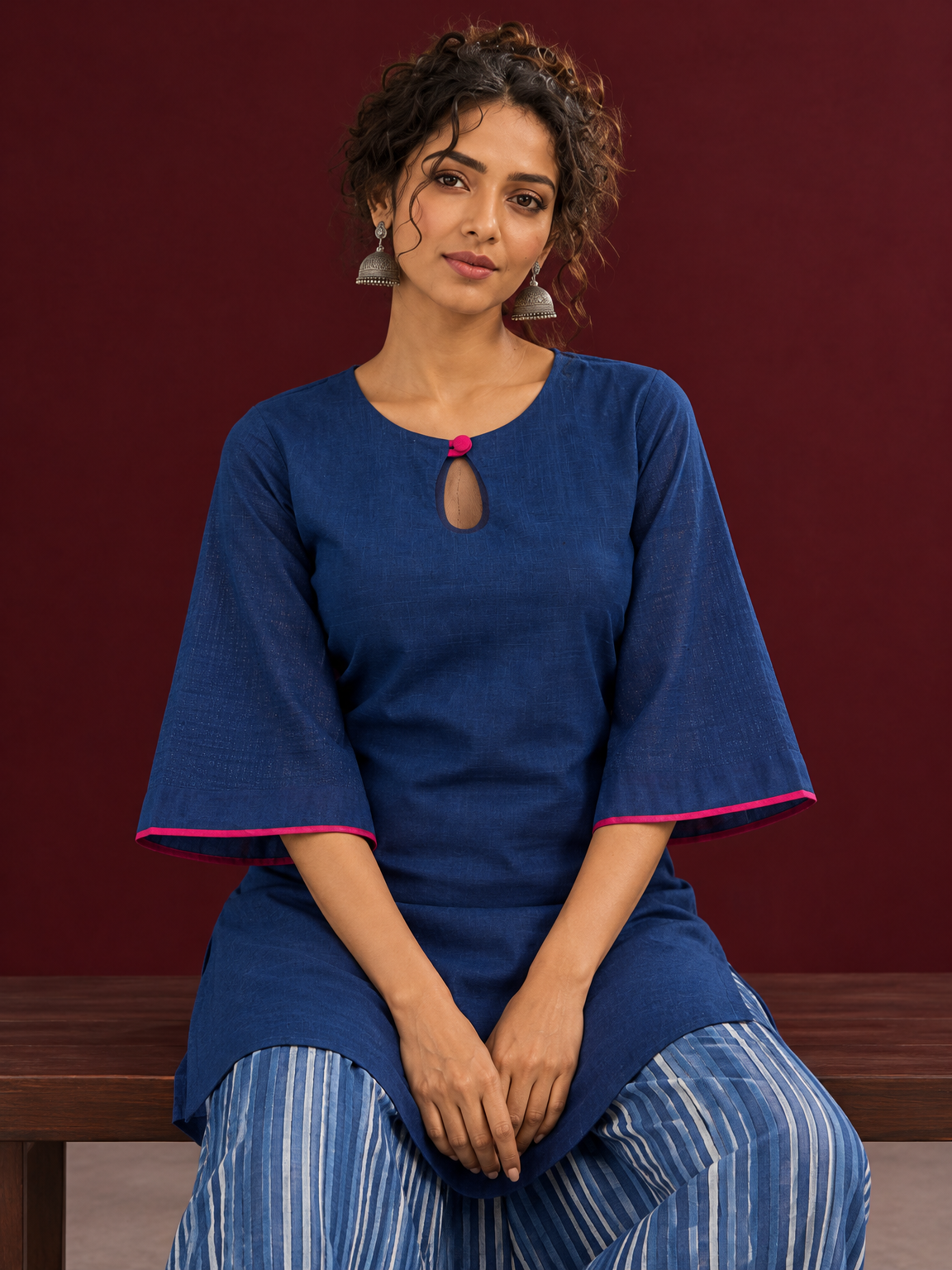Navy Blue Cotton Keyhole Neckline Tunic Co-ord Set with Indigo Striped Palazzo — seated detail — view 4