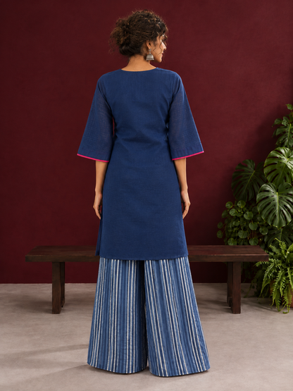 Navy Blue Cotton Keyhole Neckline Tunic Co-ord Set with Indigo Striped Palazzo — back view