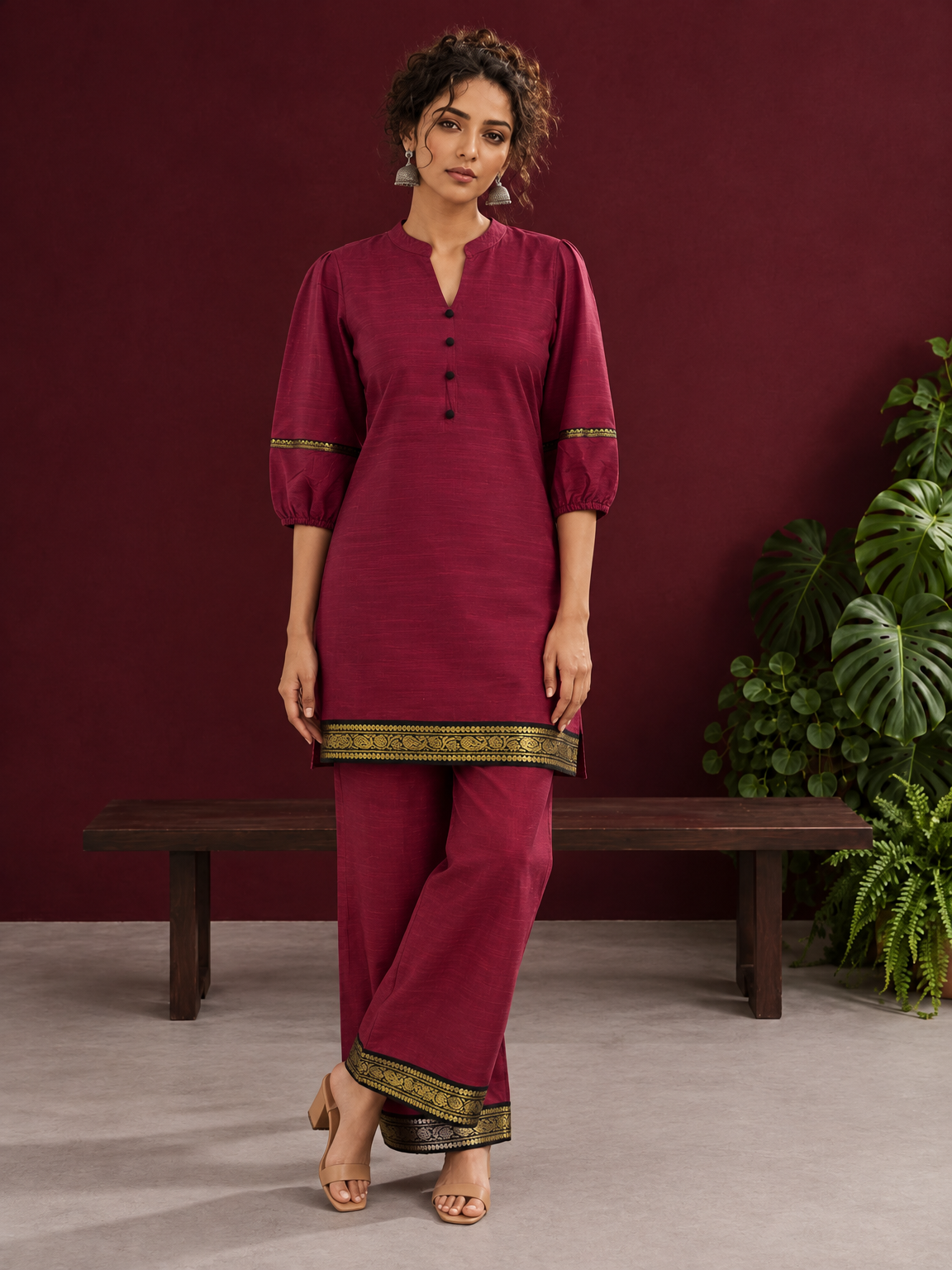 Elegant Maroon Silk Co-Ord Set with Contrast Black & Gold Border Detailing on Hem and Sleeves — front view — view 4