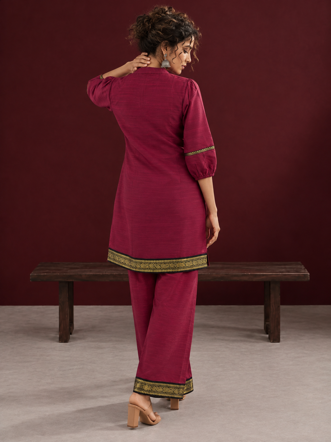 Elegant Maroon Silk Co-Ord Set with Contrast Black & Gold Border Detailing on Hem and Sleeves — back view — view 2