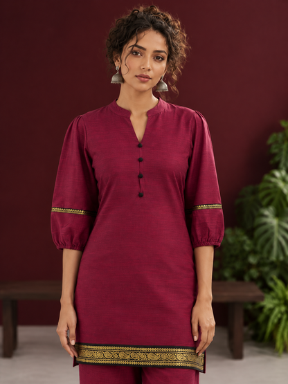 Elegant Maroon Silk Co-Ord Set with Contrast Black & Gold Border Detailing on Hem and Sleeves — styled view