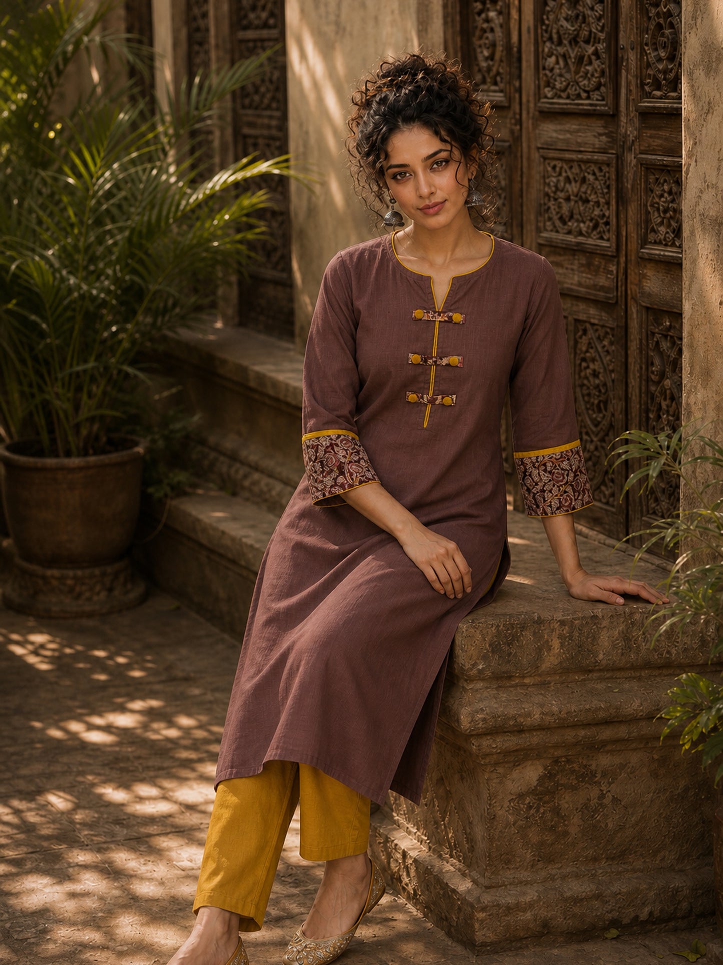 Earthy Brown Cotton Kurta with Statement Kalamkari Block Print Cuffs & Mustard Piping