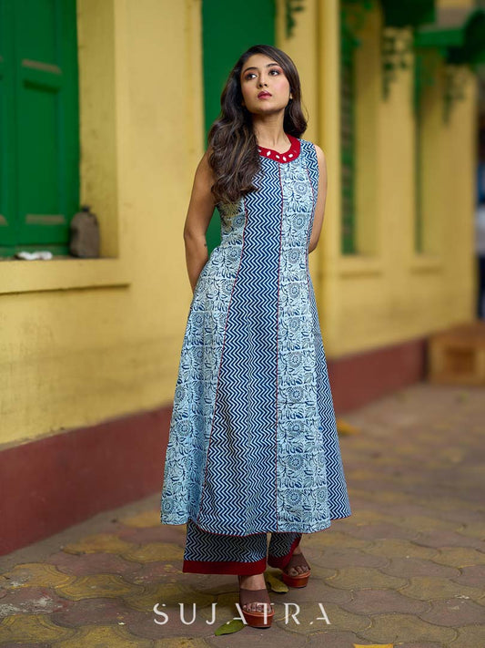 Indigo Alternating Kali Kurta with Floral & Zigzag Prints, Maroon Accents and Handcrafted Mirror Work