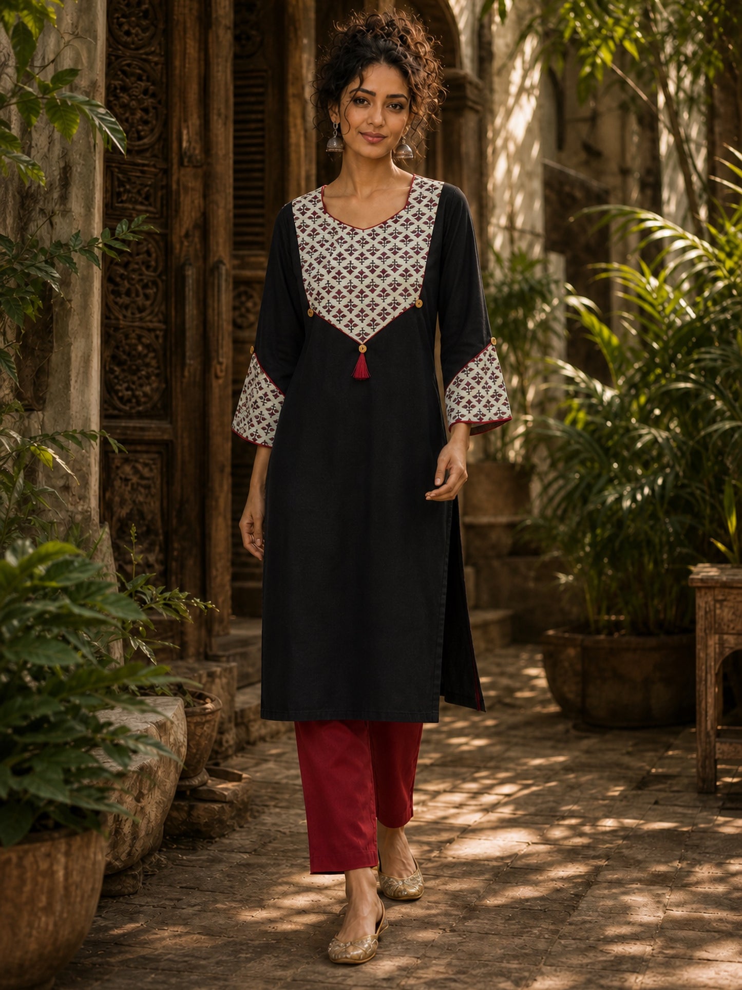 Black Cotton Kurta with Ajrakh Printed Yoke & Matching Cuffs with Minimal Embellishment