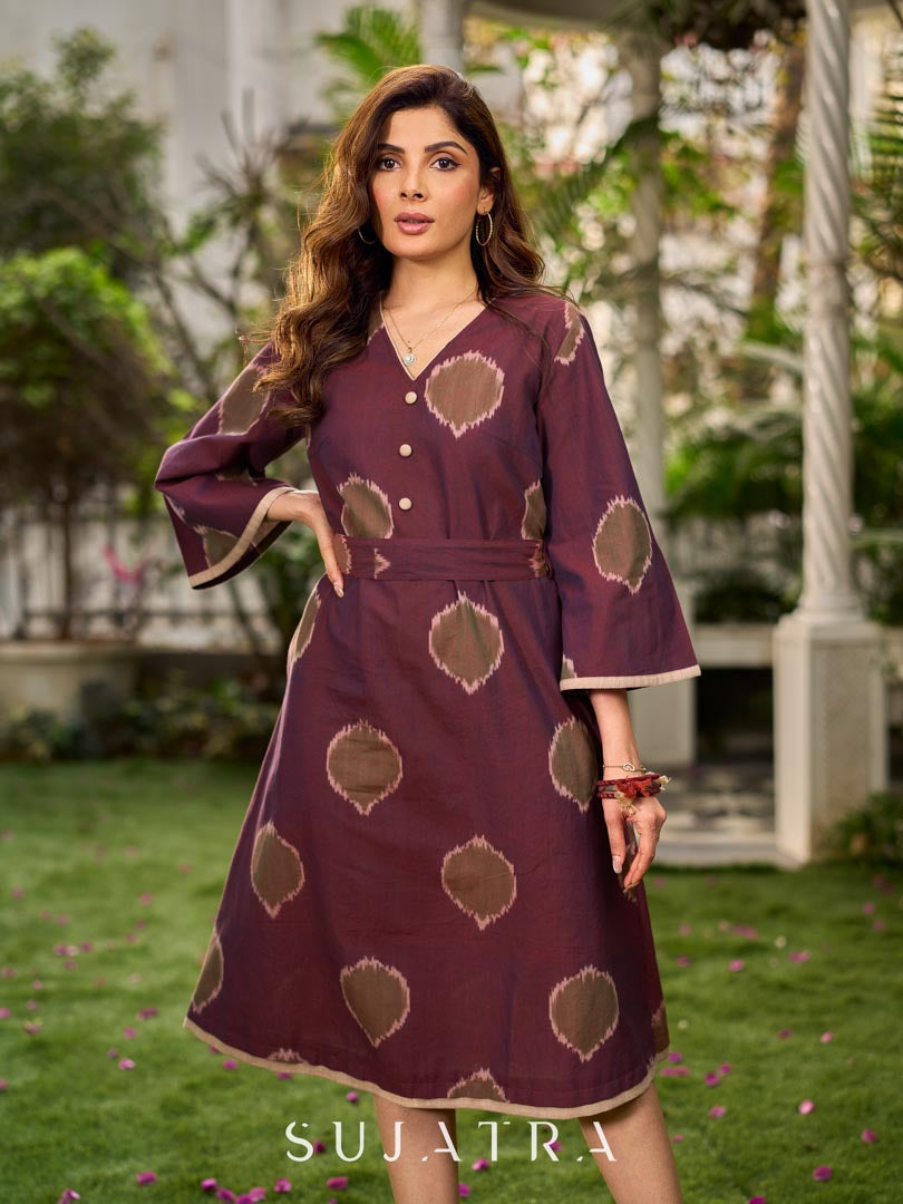 Elegant wine-purple Ikat dress with flowy sleeves, finished with a belt for a softly cinched silhouette.