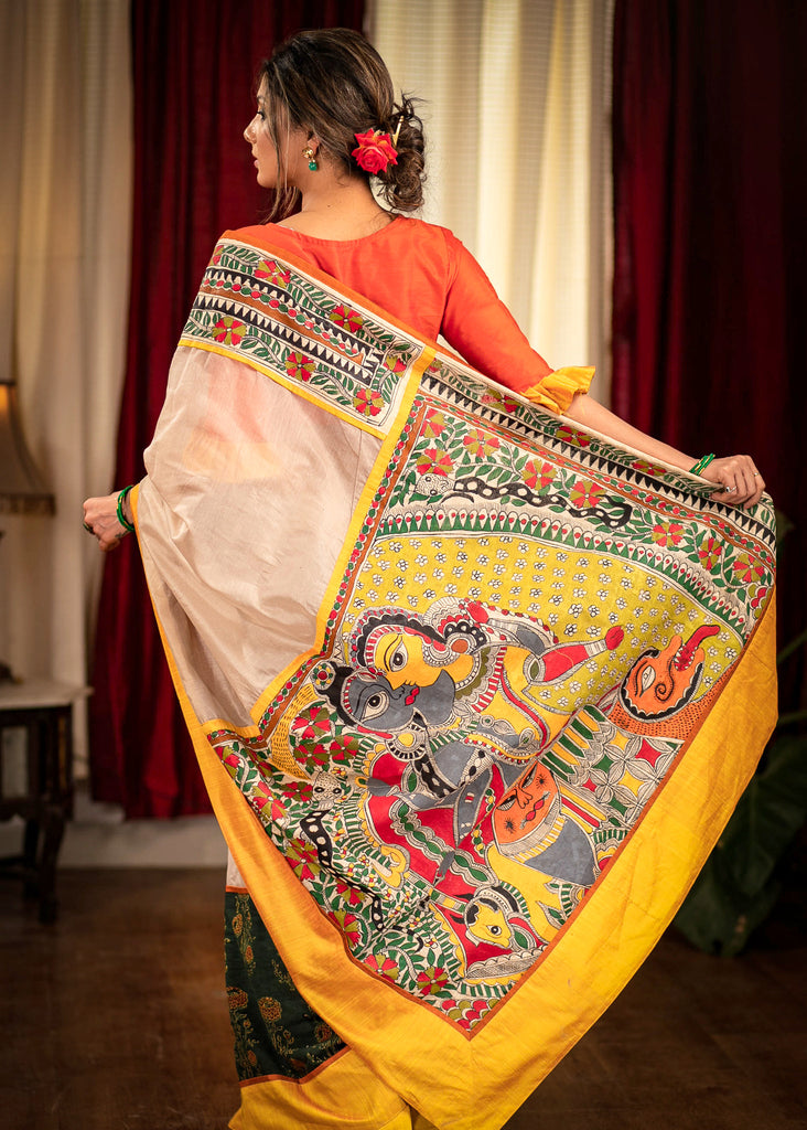 Beige chanderi saree with hand painted madhubani pallu and ajrakh pleats