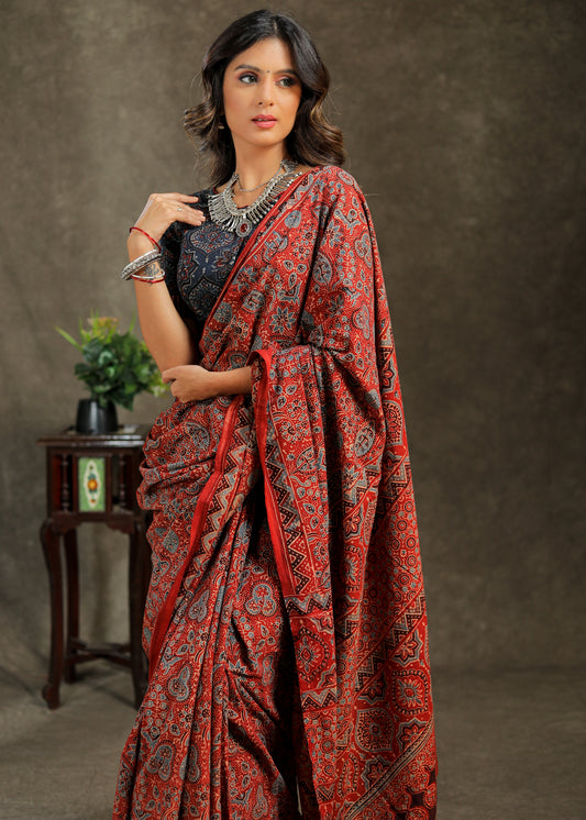 Red and blue Cotton Ajrakh saree