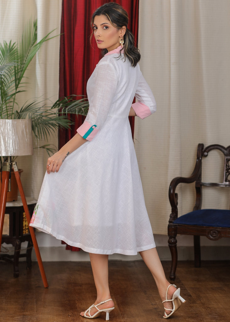 Exclusive ivory handpainted flamingo dress