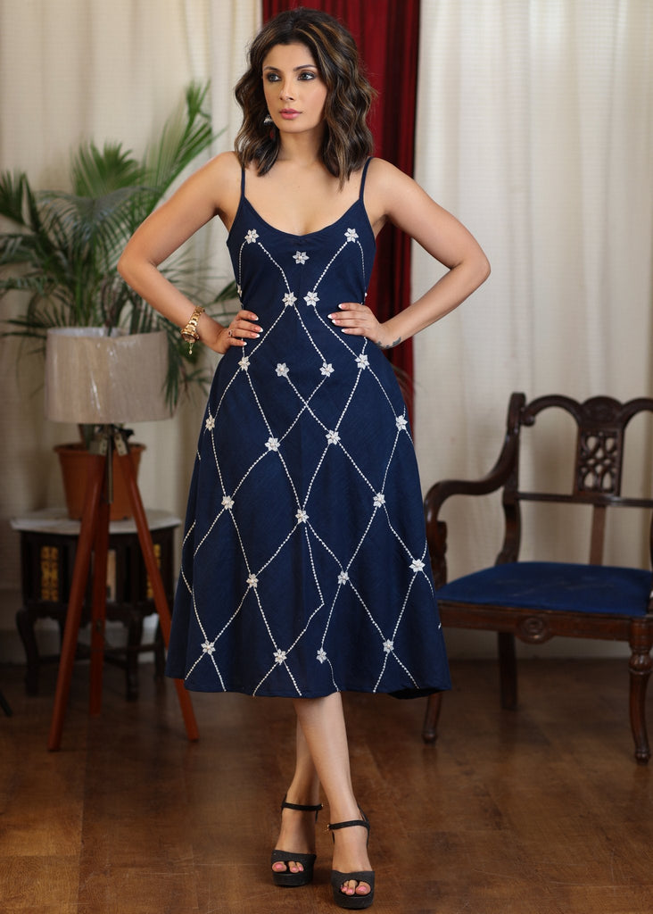 Navy blue strap dress with all over embroidery and pearl embellishments