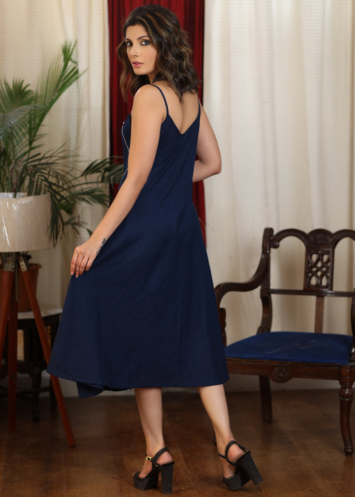 Navy blue strap dress with all over embroidery and pearl embellishments