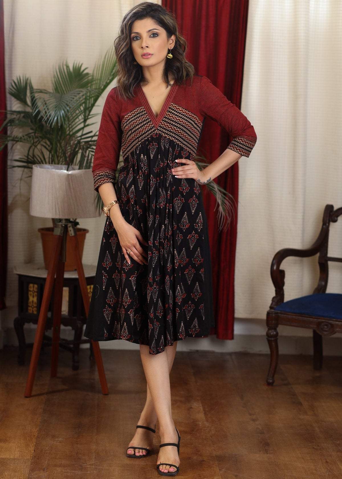 Beautiful V neck black and maroon ajrakh combination gathered dress