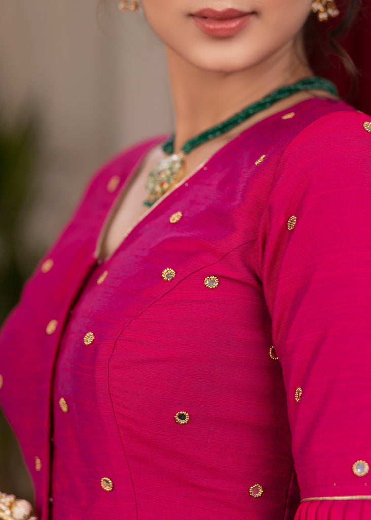 Beautiful magenta pink cotton silk blouse with overall mirror embroidery
