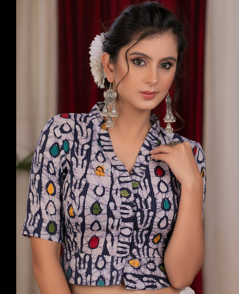 Trendy indigo katha line work blouse with collar neck