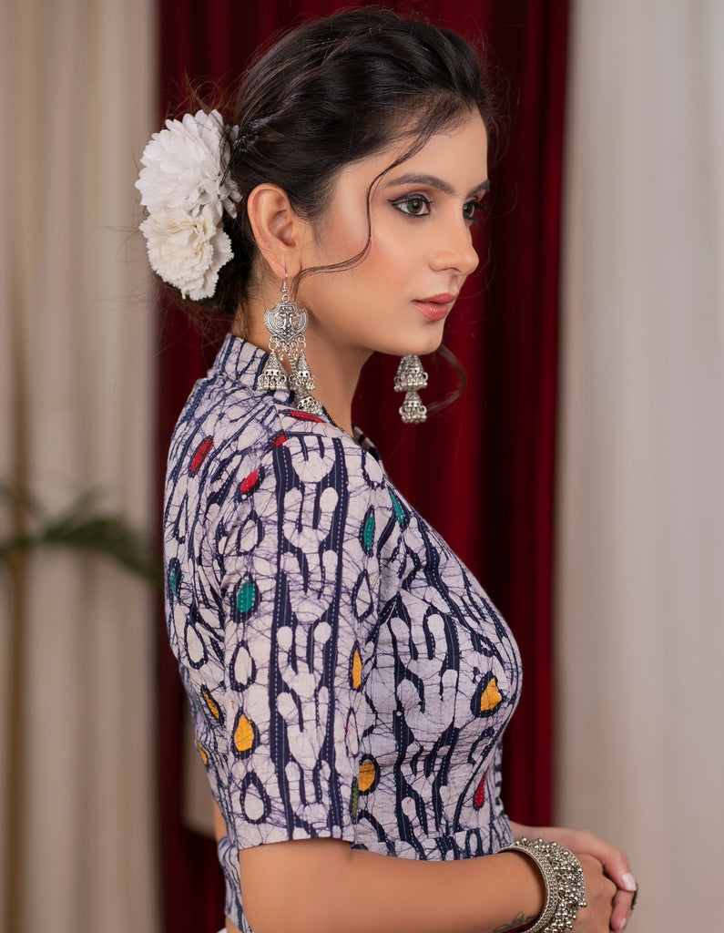 Trendy indigo katha line work blouse with collar neck