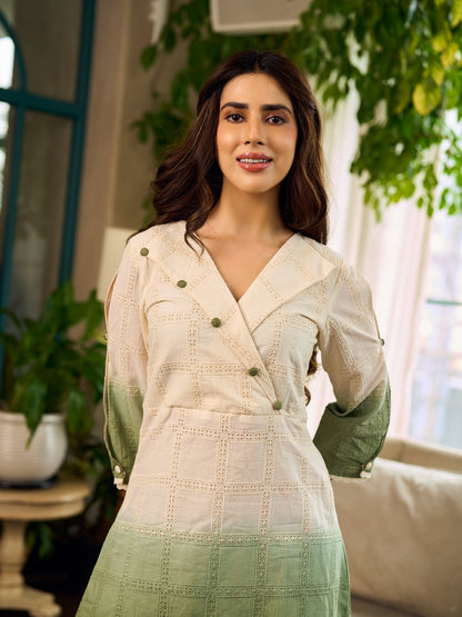 Serene ivory and sage green ombré overlap hakoba dress with olive button accents.