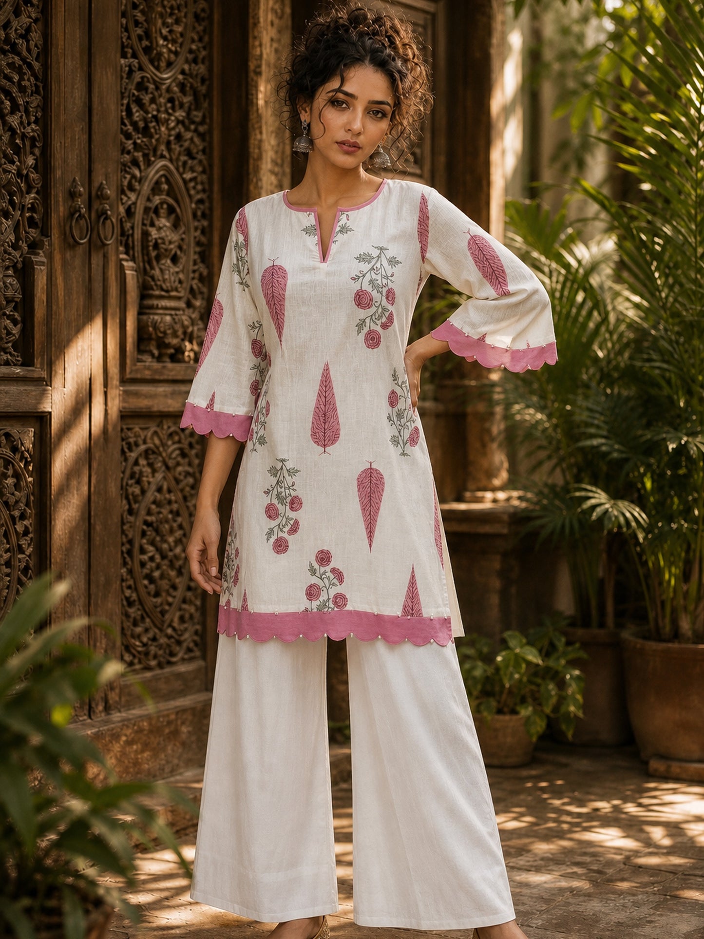 Ivory Straight Cotton Short Kurta with Pink Botanical Block Print & Contrast Scalloped Hem & Sleeve Cuffs