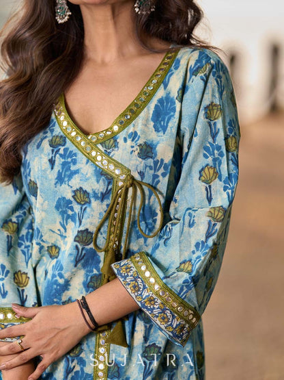 Angarkha-Style Indigo & Olive Kurta with Olive Mirror Detailing and Dori Tie-Up