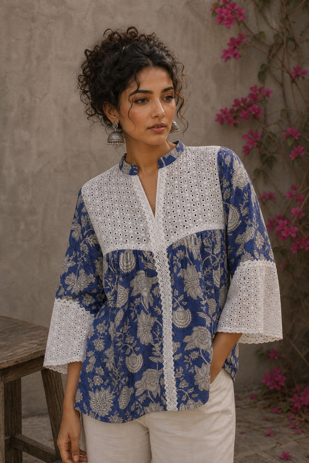 Blue floral Jaipur-printed top with statement hakoba panels and delicate white lace accents.