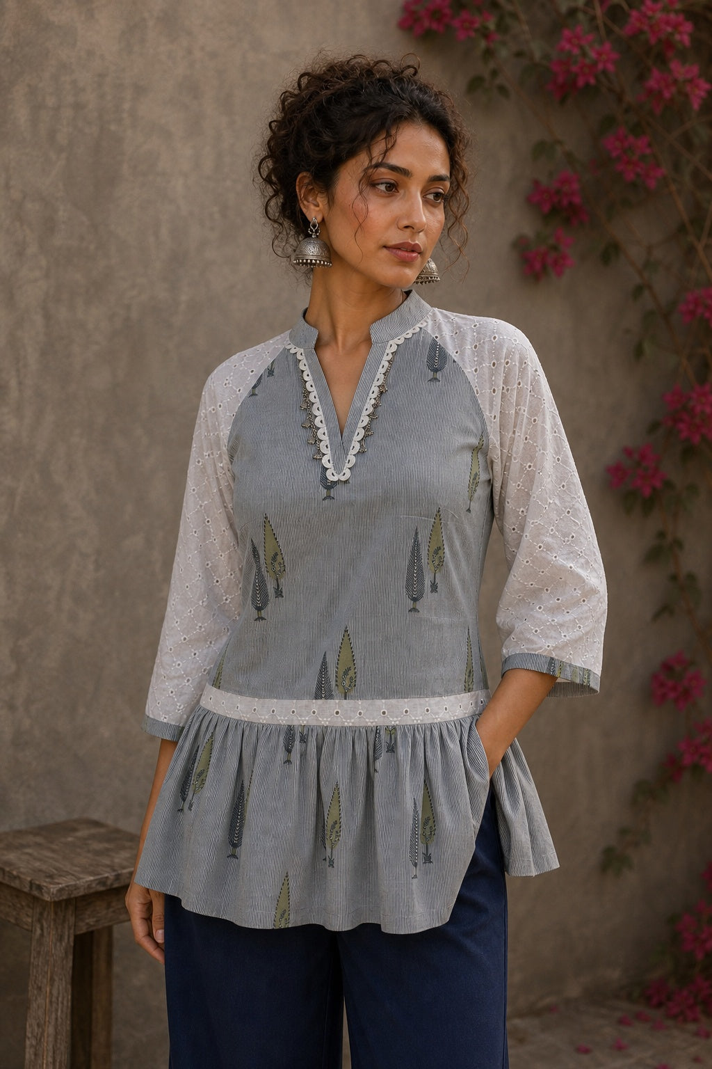 Soft blue Jaipur hairline stripe top featuring Hakoba raglan sleeves and a flattering gathered waist silhouette.