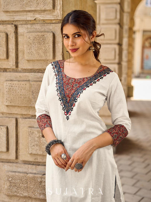 Heritage Ivory Cotton Flex Kurta with Ajrakh Printed Yoke & Intricate Hand Embroidery