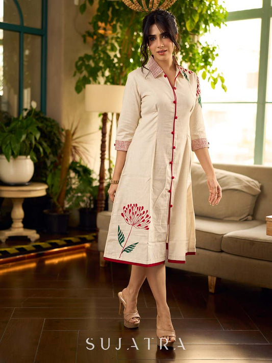 Off-white dandelion pleated shirt dress featuring dandelion placement block prints, checkered block-printed collar and cuffs, and red accents for a fresh, artisanal everyday look.