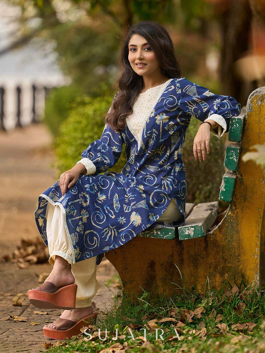 Indigo Statement Kurta with Intricate Hakoba Panel and Delicate Mirror Work