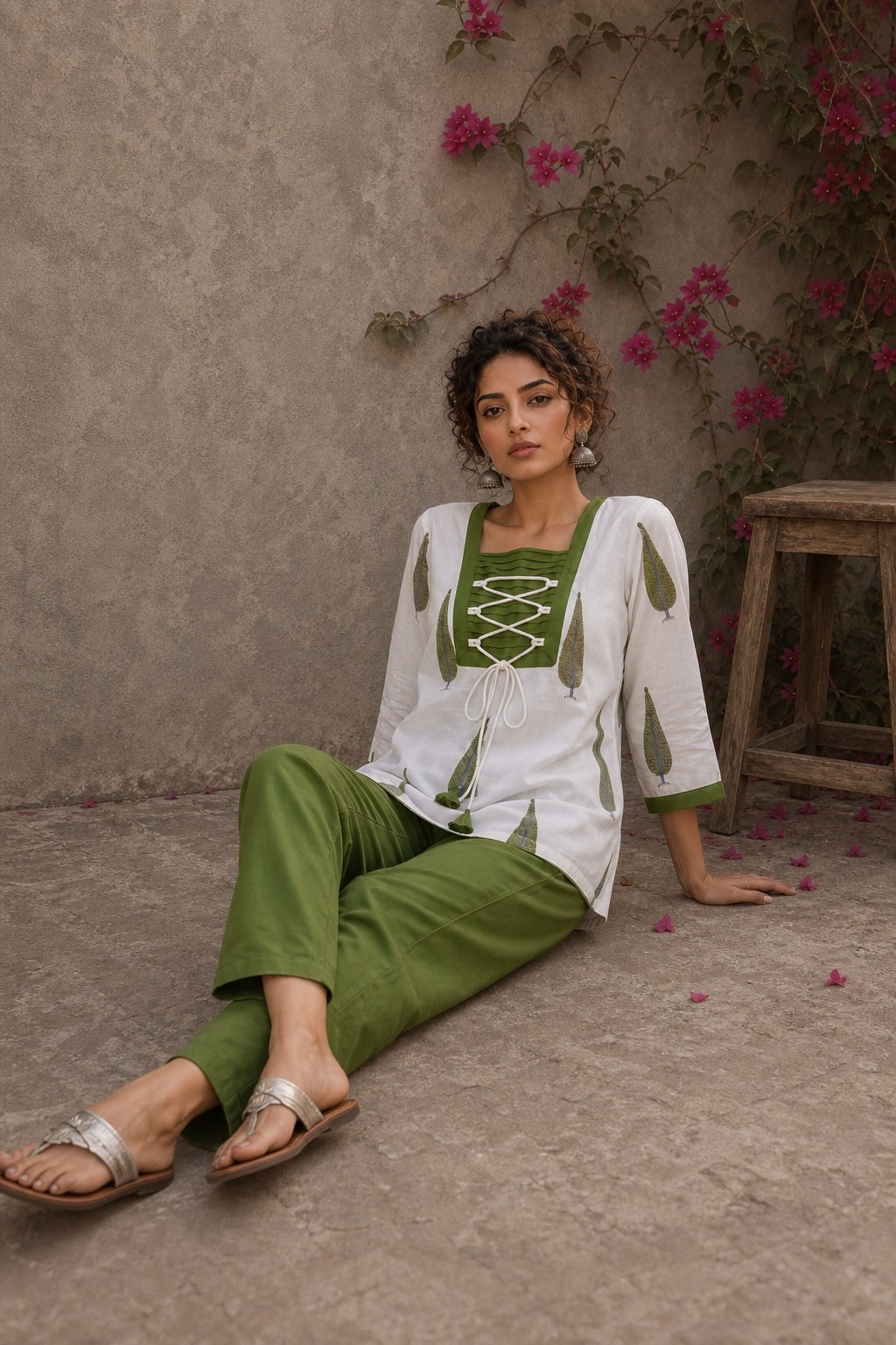 Pretty white Jaipur floral top featuring green leaf motifs, intricate pin-tuck neck, and feminine tie-lace details.