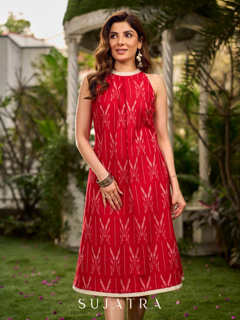Statement red Ikat halter-neck dress accented in white, designed with a box pleat at the neckline for fluid drape.