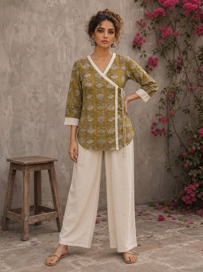 Mustard Jaipur cotton wrap-style Angarkha top with off-white Hakoba cuffs and graceful contrast accents.