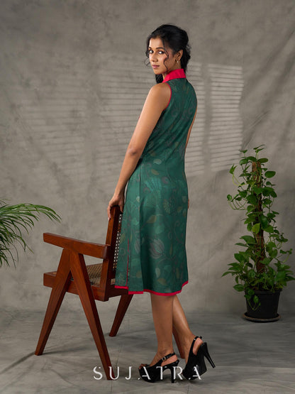 Bottle green Madhubani printed dress with vibrant magenta accents.