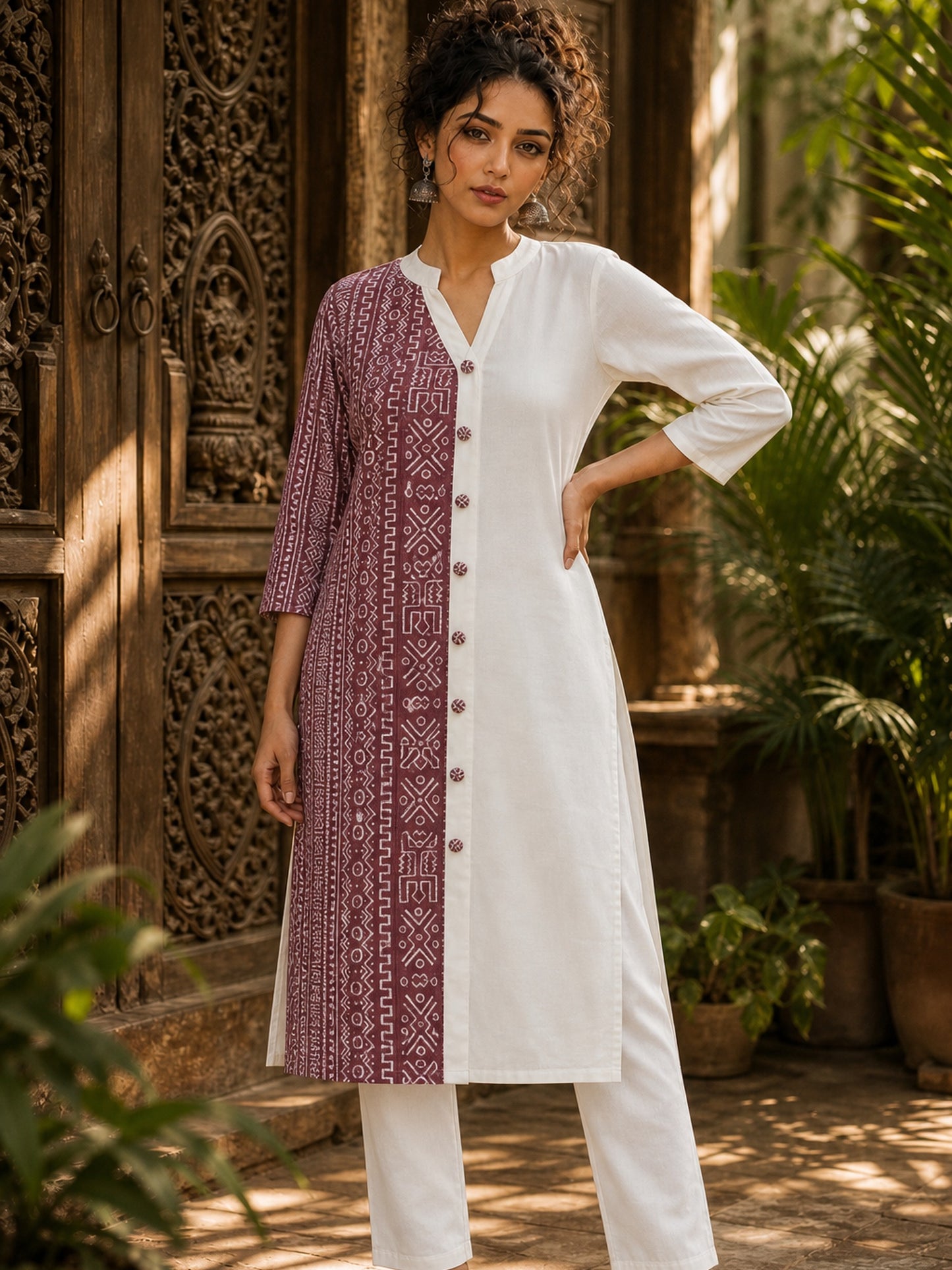 Vivid Dusty Pink & Ivory Half & Half Kurta with Tribal Print Panel & Contrast Button Placket