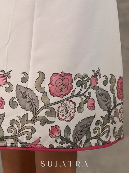 Ivory Floral Pearl Detail Printed Dress with blush pink flowers