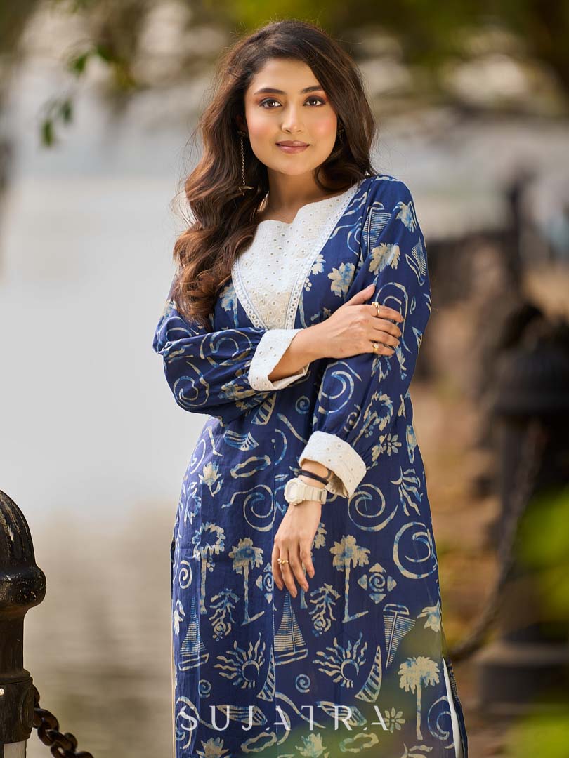 Indigo Statement Kurta with Intricate Hakoba Panel and Delicate Mirror Work