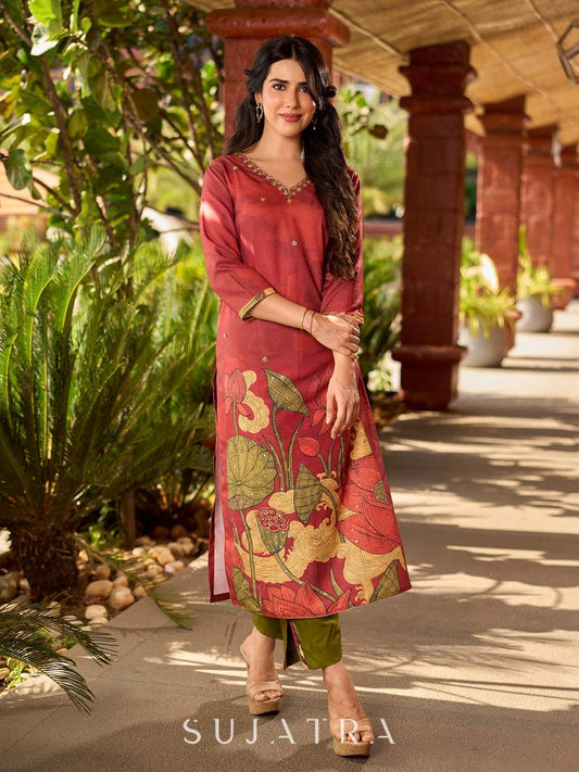 Classic deep rustic maroon kurta with detailed hand embroidery, statement olive and cream Pichwai artwork, and rich gold highlights