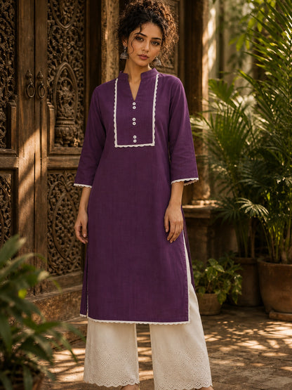 Deep Purple Kurta with White Crochet Lace Yoke Border & Sleeve Cuff Detail
