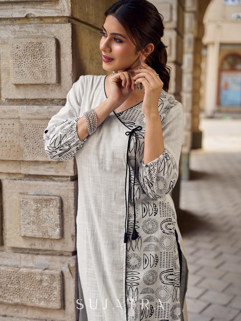 Minimal White Straight Kurta with Monochrome Printed Angrakha Panel & Printed Cuffs