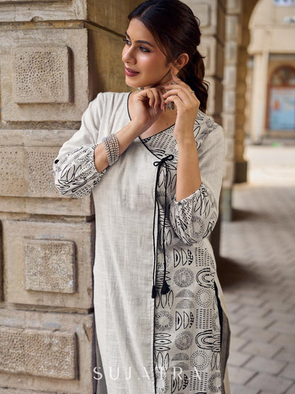 Minimal White Straight Kurta with Monochrome Printed Angrakha Panel & Printed Cuffs