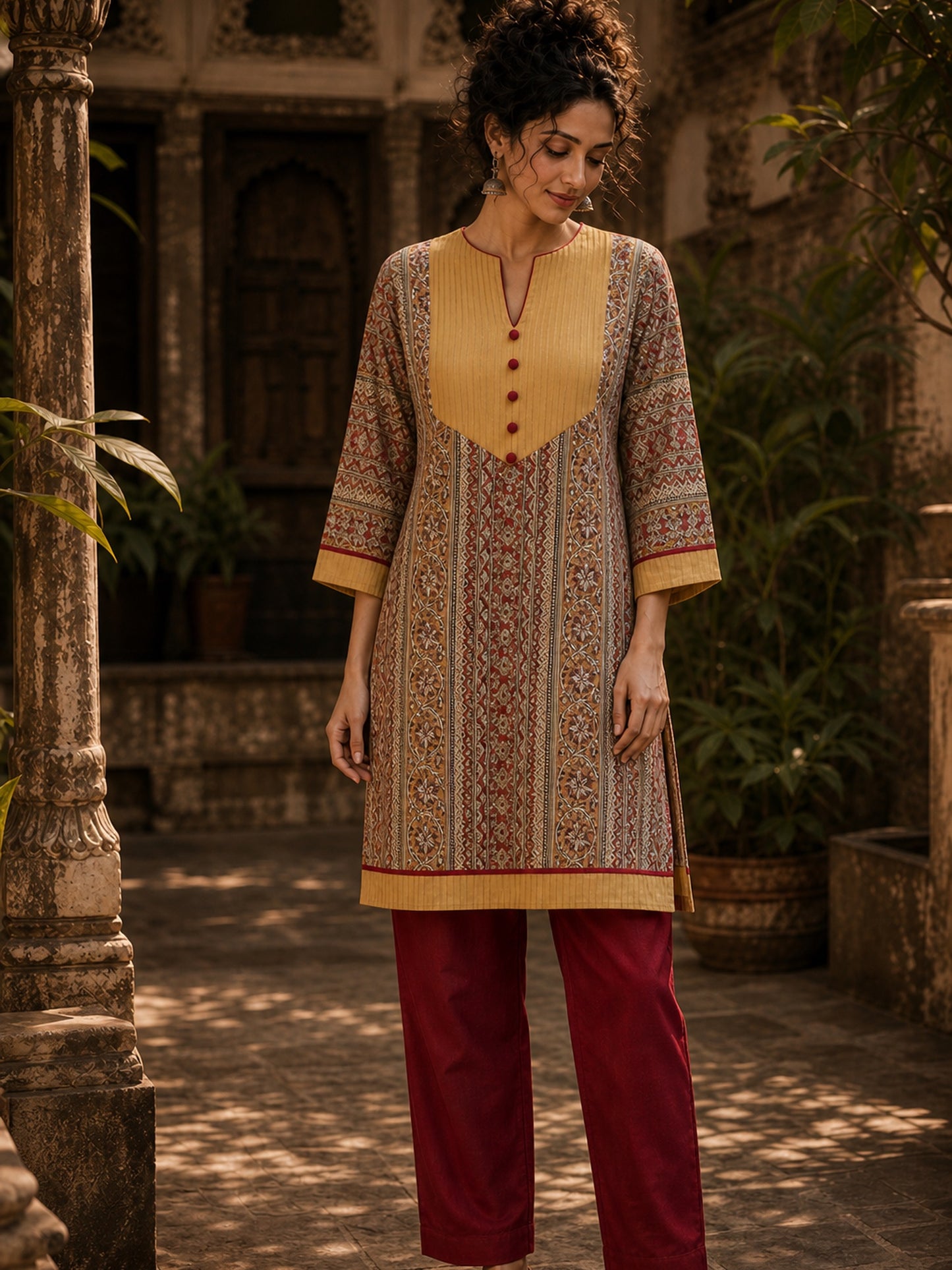 Mustard Geometric Print Short Kurta with Pin-Tucked Yoke & Contrast Maroon Button Detail